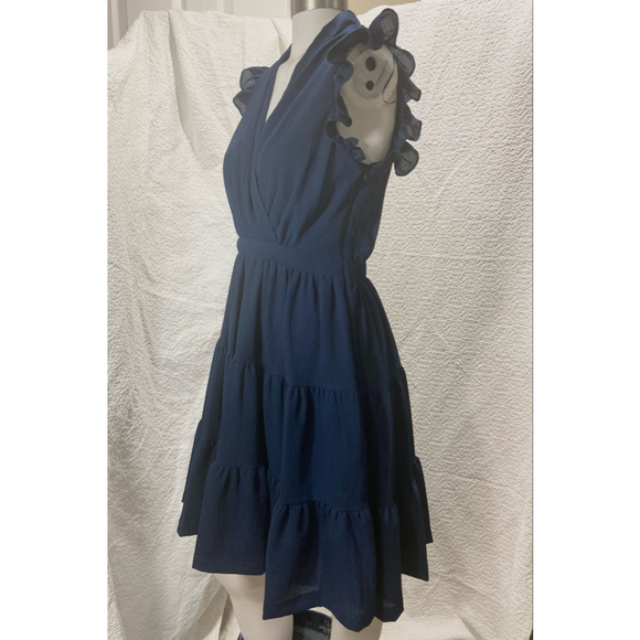 Taylor Tiered Ruffle Fit & Flare Dress Navy Blue Preppy Cottagecore Boho Chic - Picture 3 of 14